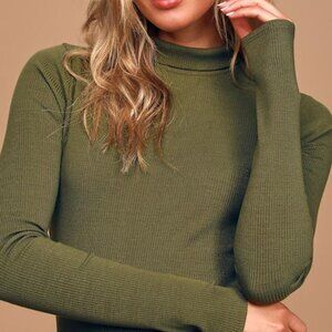 Lulus Basics Wilde Olive Green Ribbed Long Sleeve Mock Neck Bodysuit - Size S